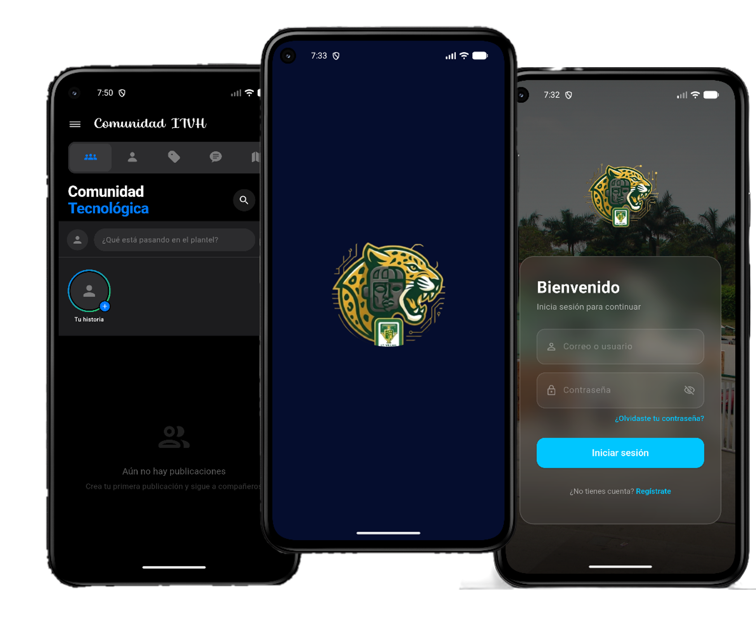 Capturas de la app Comunidad ITVH: feed de Comunidad Tecnológica, pantalla de bienvenida e inicio de sesión